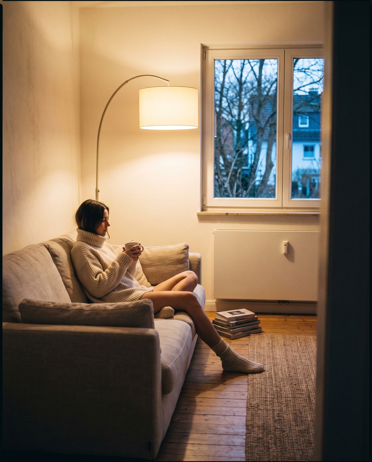 Warmes Wohnzimmer am Abend nach der Umstellung